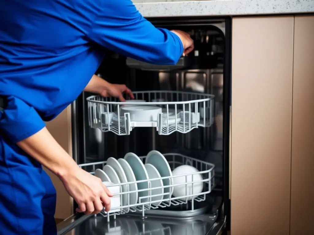 A built-in dishwasher with a technician examining the spray arms.