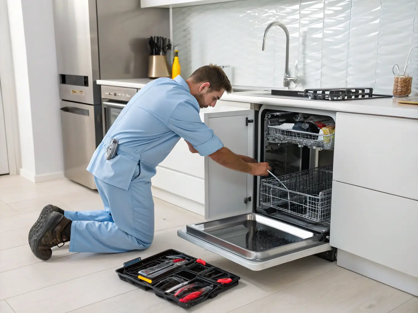 An image of a dishwasher with its door open, showcasing the racks and spray arms, with a technician working on the internal components.