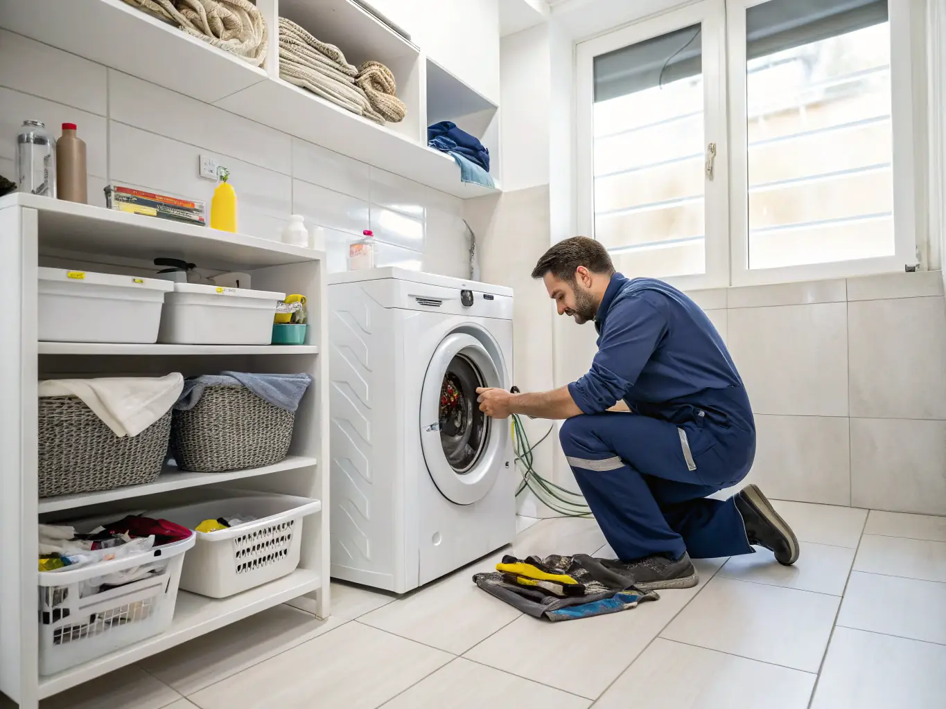A front-load washing machine with a technician checking the water inlet valve.