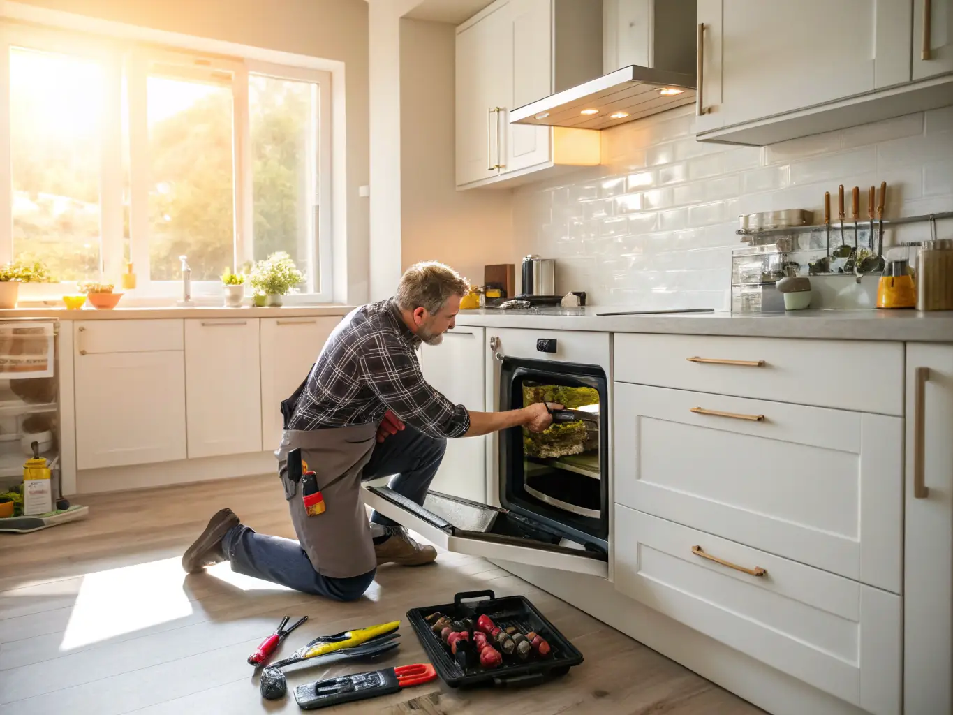 A close-up shot of a technician repairing the control panel of an electric oven in a residential kitchen. The technician is using precision tools to carefully adjust the wiring and ensure proper functionality.