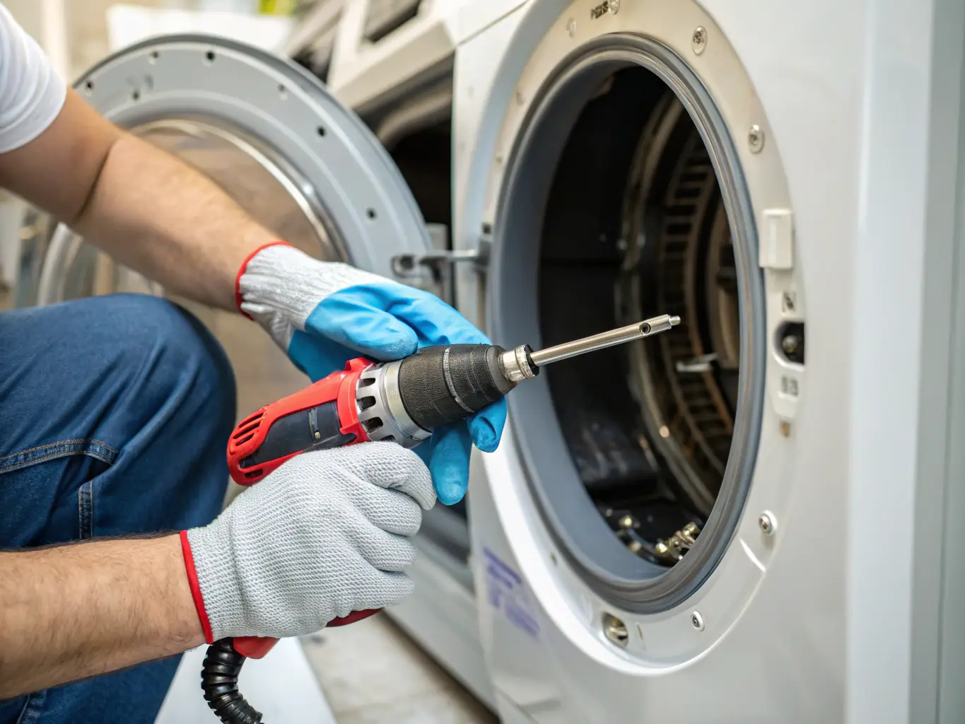 A high-quality image of a washing machine being repaired by a technician, showcasing the interior components and the technician's tools.