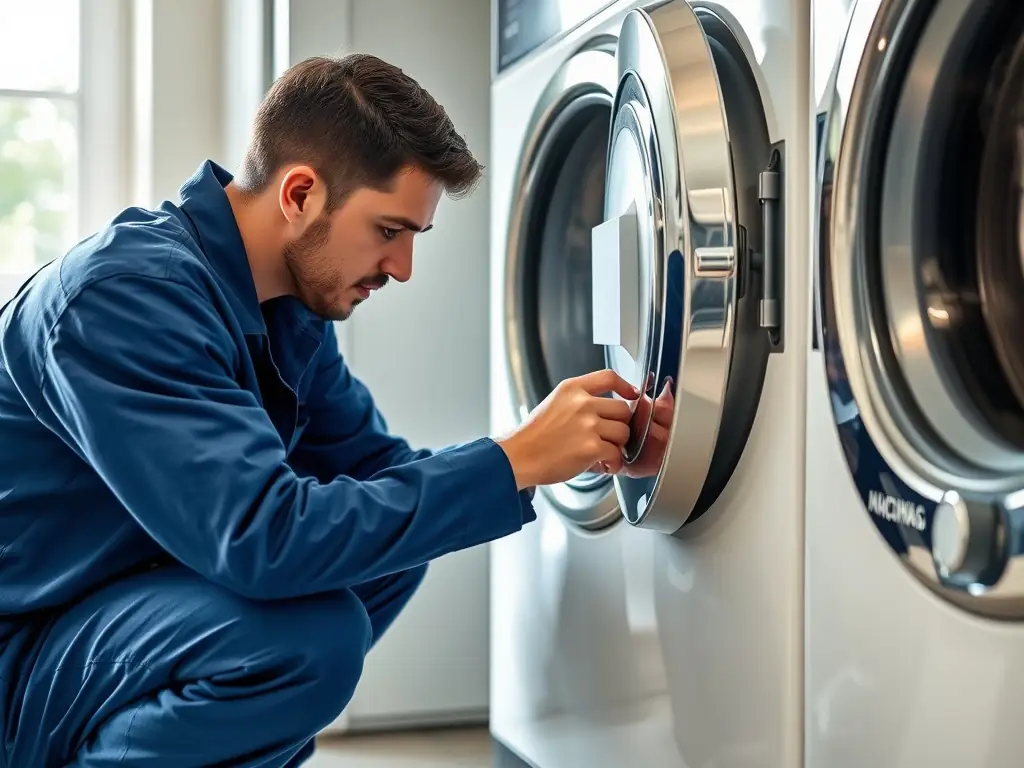 A skilled technician is shown carefully repairing the internal components of a washing machine in a well-lit laundry room. Various tools and spare parts are neatly organized nearby, emphasizing the technician's expertise and attention to detail.