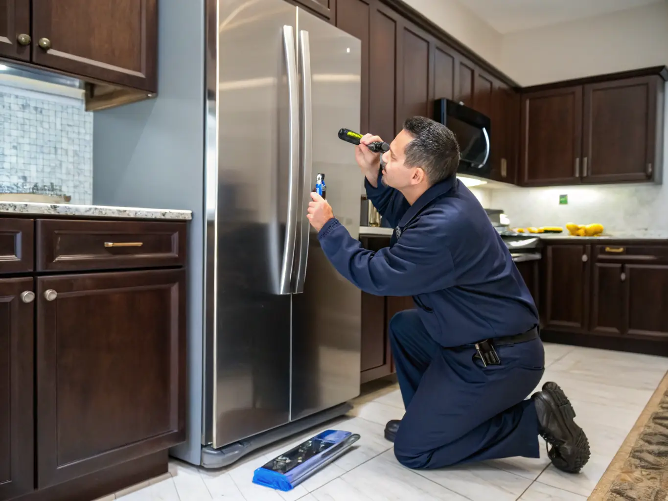 A modern, stainless steel refrigerator in a well-lit kitchen, with a technician in uniform inspecting the back panel.