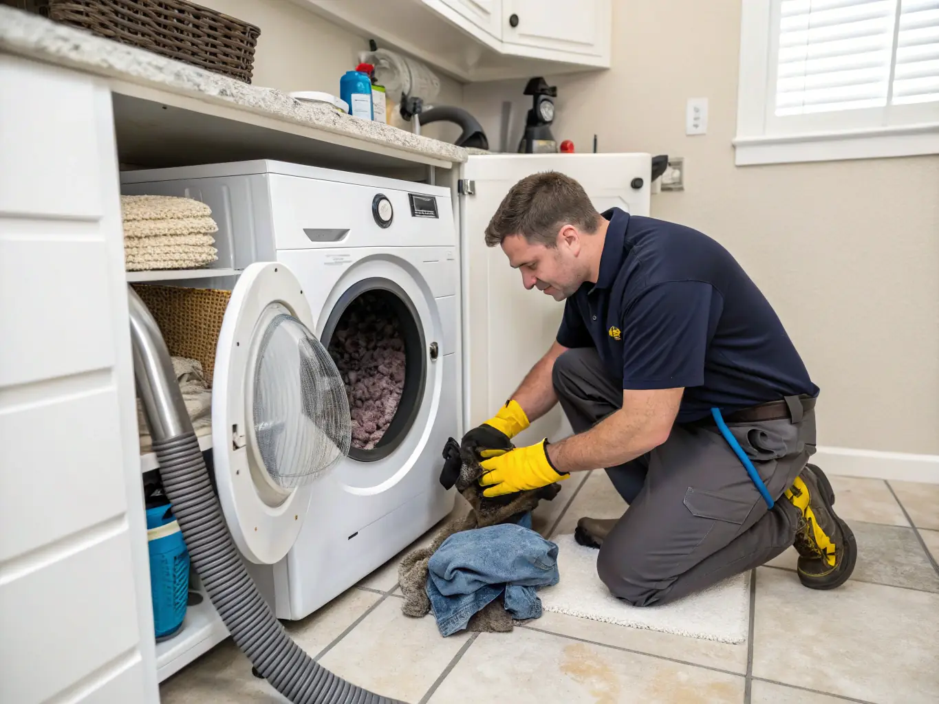 A detailed image of a dryer's internal components, highlighting the heating element and ventilation system, with a technician inspecting it.