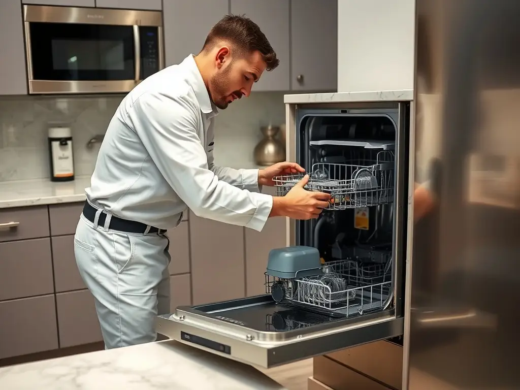 A technician is shown expertly diagnosing a dishwasher issue in a modern kitchen. The dishwasher is partially disassembled, with the technician using a multimeter to check electrical components.
